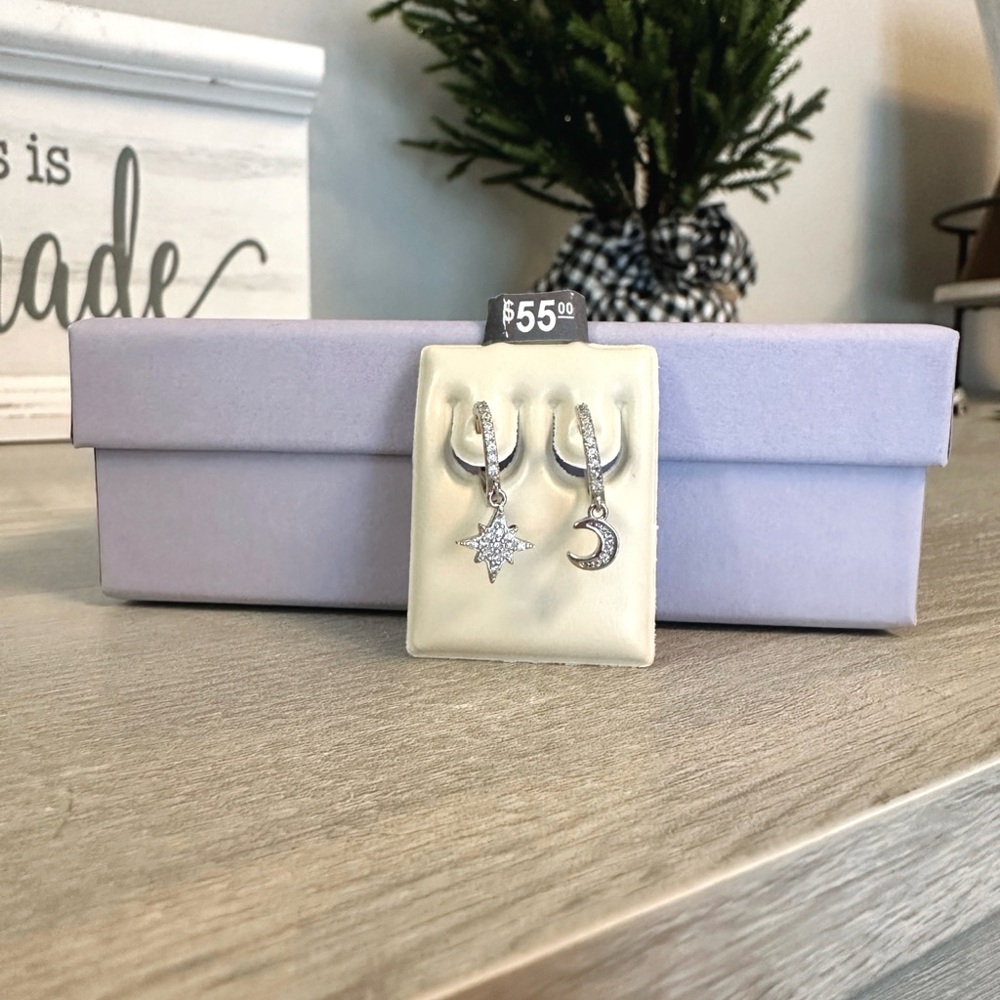 Cubic Zirconia Moon and Star Drop Earrings in Solid Sterling Silver